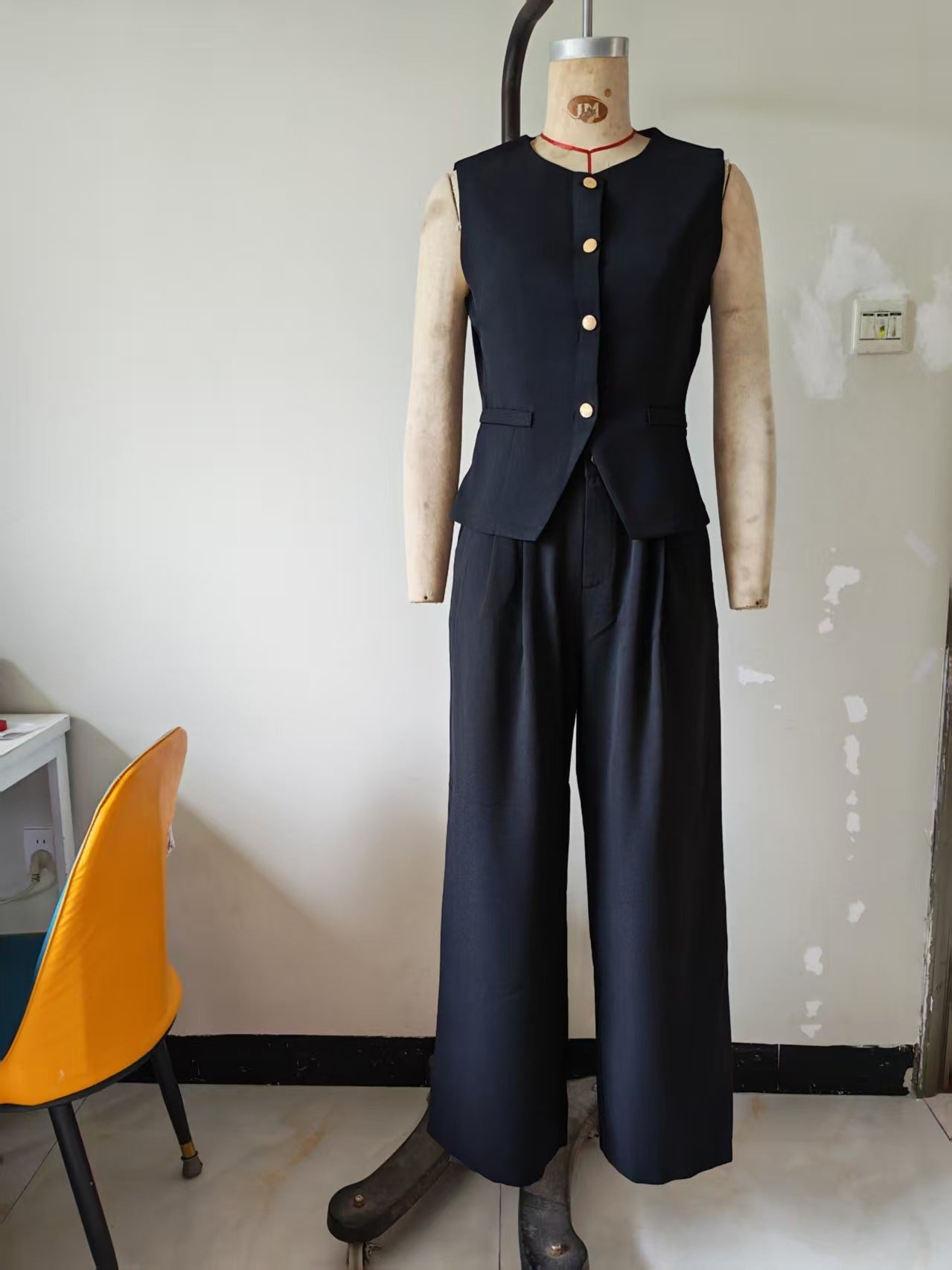 Solid color button pocket front buckle office summer vest suit pants set