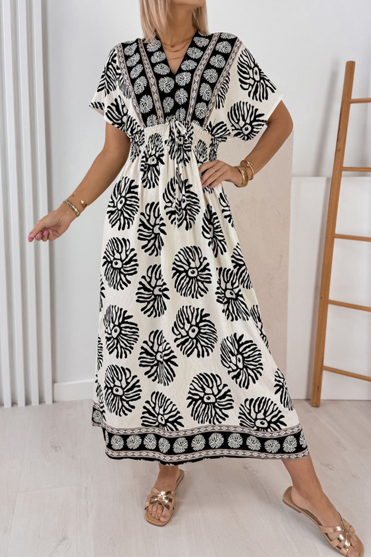 Blue Boho Floral Print Contrast Patchwork V Neck Dolman Maxi Dress