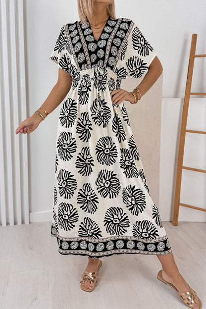 Blue Boho Floral Print Contrast Patchwork V Neck Dolman Maxi Dress