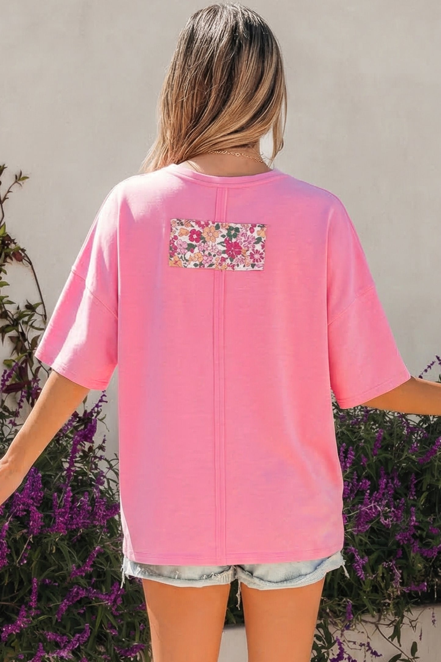 Jet Stream Floral Patched Raw Seam Big Flower Oversize Tee
