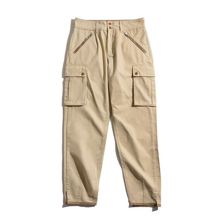 Khaki Tapered Zipper Pocket Casual Pants