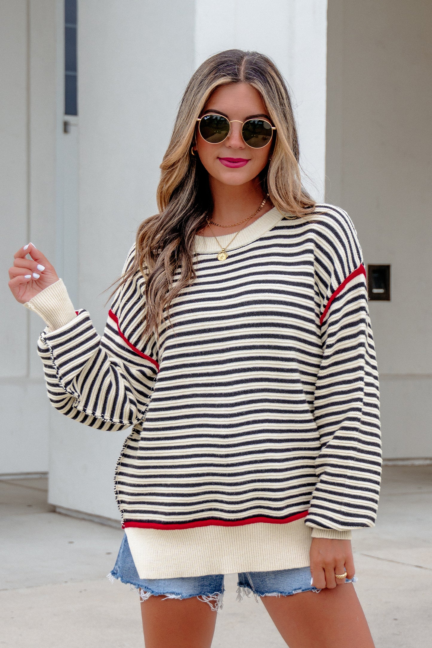 Black Stripe Ribbed Trim Drop Shoulder Oversized Sweater