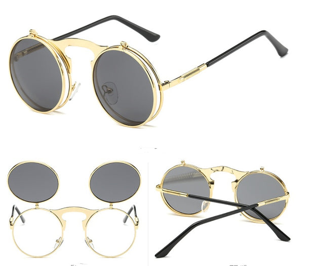 Men Vintage Round SteamPunk Flip-up Sunglasses