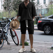 Summer V-neck Short-sleeved T-shirt And Drawstring Shorts For  Men