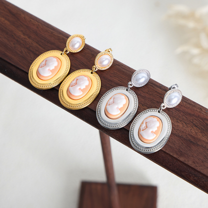 Baroque Imitation Pearl Oval Portrait Earrings – Gold-Plated Titanium Steel