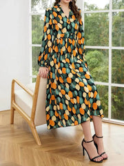 Women's V-neck Printed Long-sleeved Mid-skirt High Waist Button Dress