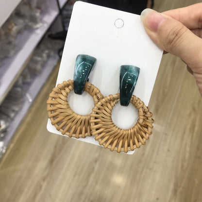 Retro Exaggerated Geometric Rattan Woven Earrings