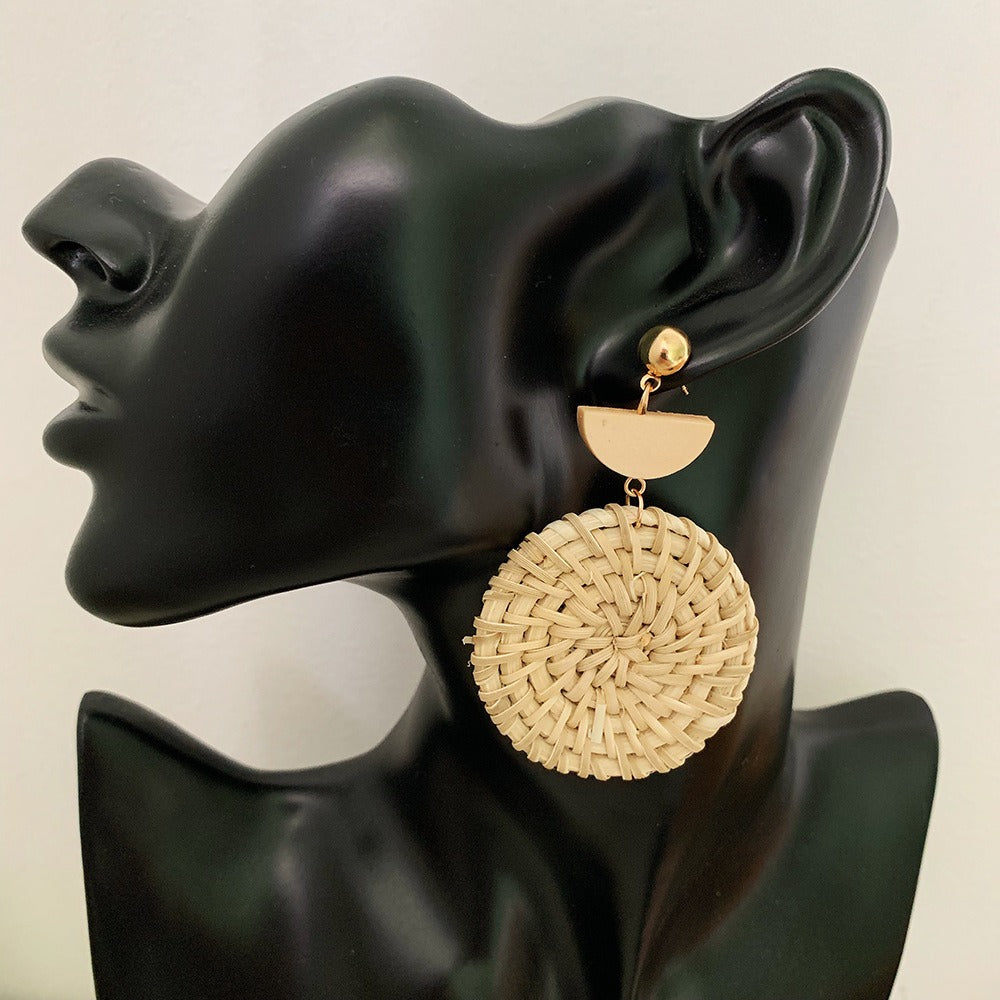 Retro Exaggerated Geometric Rattan Woven Earrings