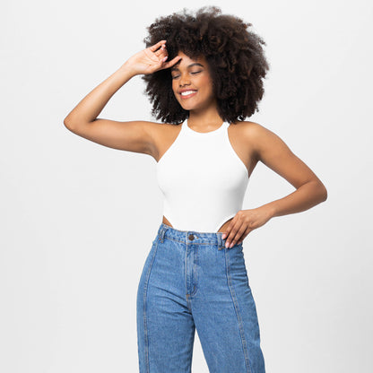 Women's Solid Color High Fork Tight Ribbed Halter Bodysuit