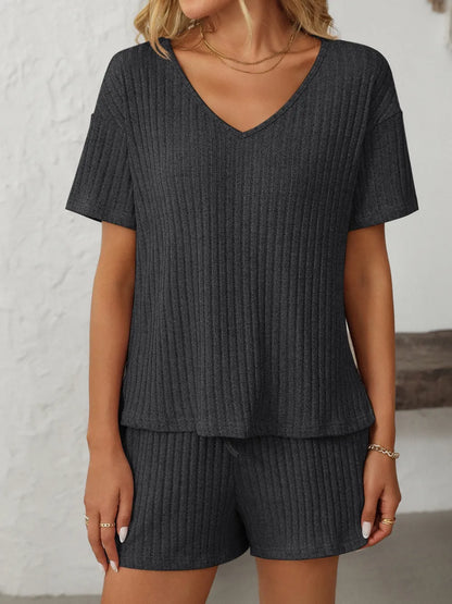 Solid Color Ribbed Short Sleeve Sleepwear Set