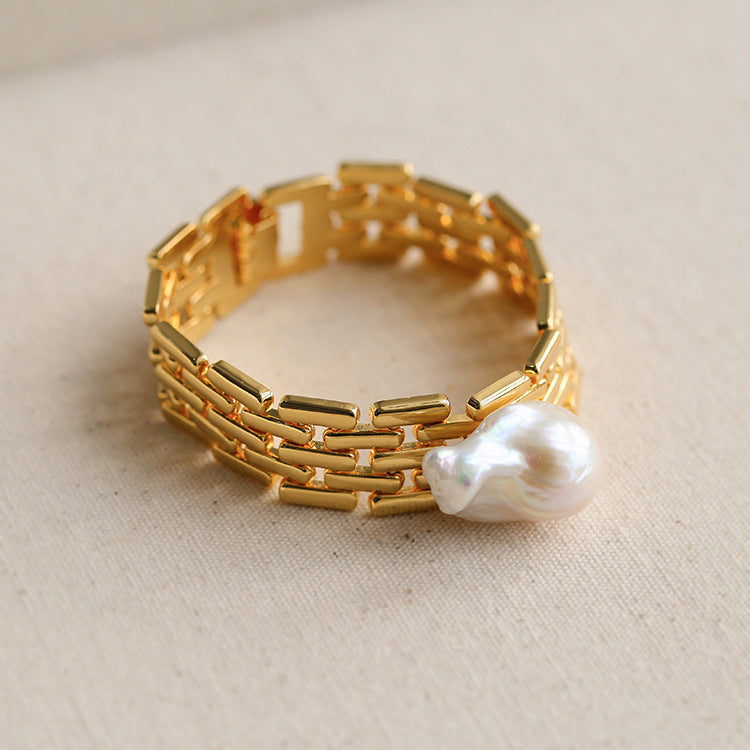 Wide chain Baroque pearl bracelet for women,