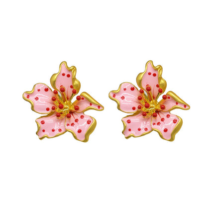 Enamel colored glaze pink flower earrings