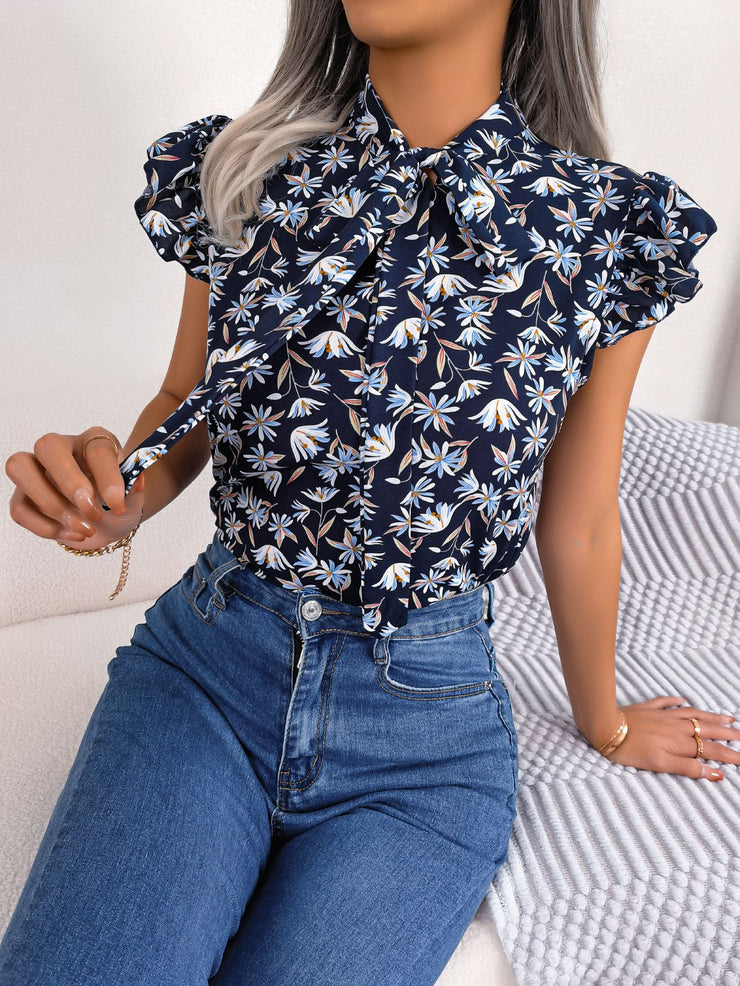 Floral Tie Neck Flutter Sleeve Blouse