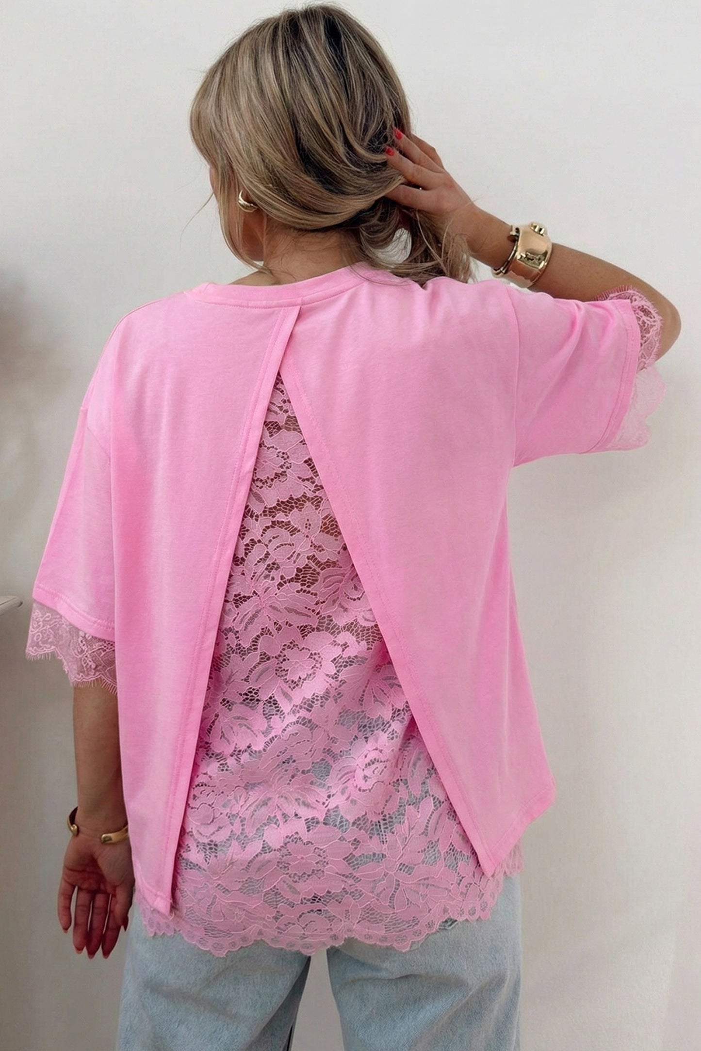 Pink Eyelash Floral Lace Patchwork Half Sleeve Oversize Tee