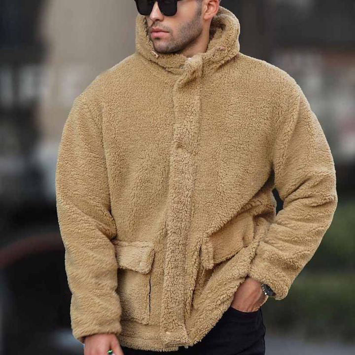 Winter Men's Jacket  Solid Color Coat Polar Fleece Leisure Trendy