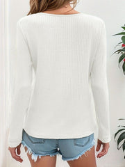 Waffle-Knit V-Neck Long Sleeve Top