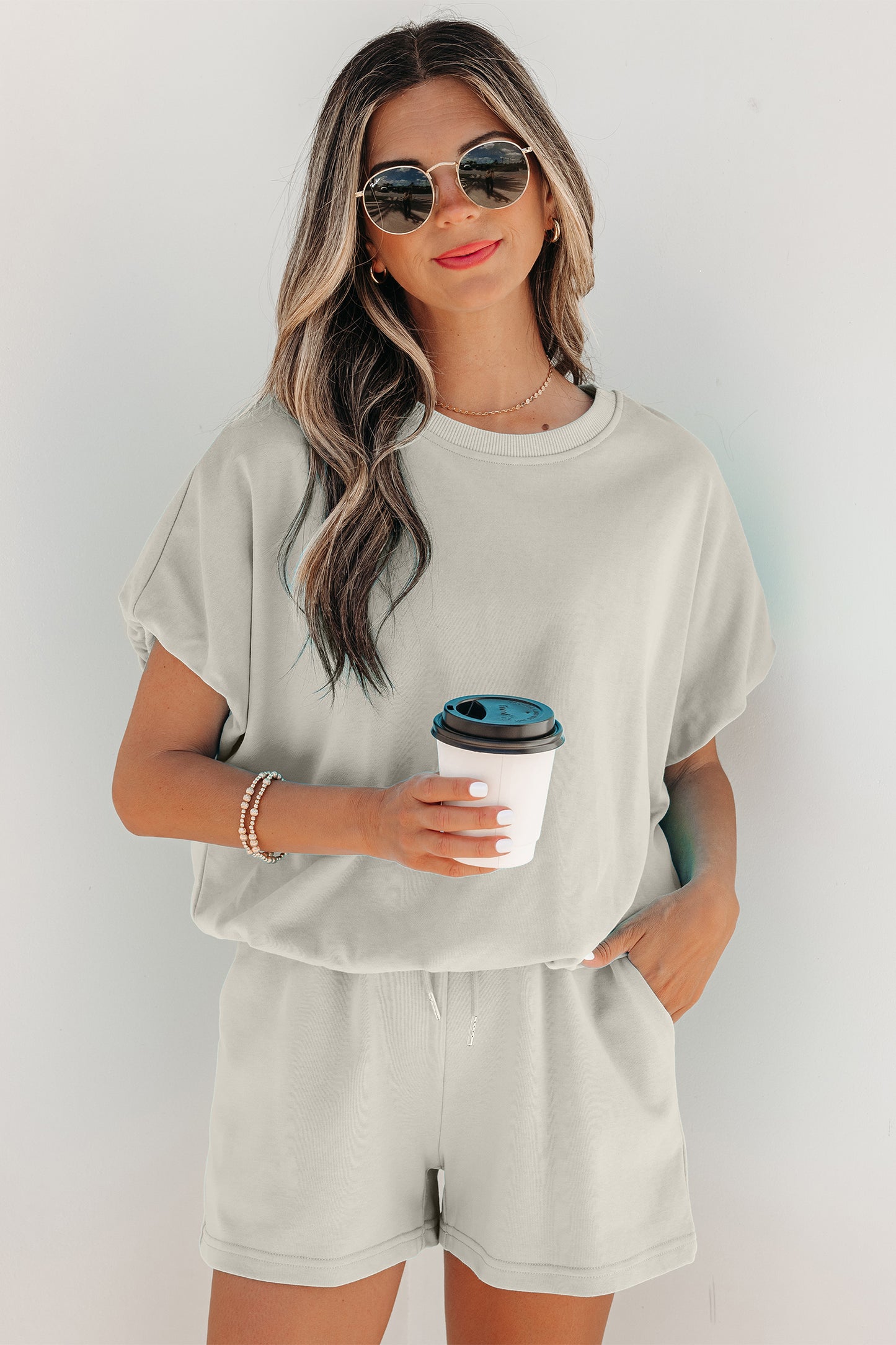 Light Blue Solid Color Puffy Loose Top Drawstring Shorts 2pcs Outfit