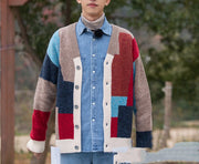 Geometric Square Contrast Color Knitted Cardigan Men