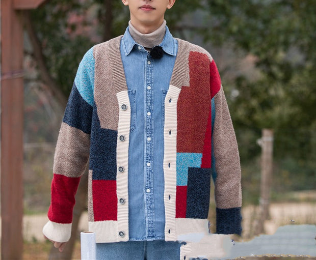 Geometric Square Contrast Color Knitted Cardigan Men