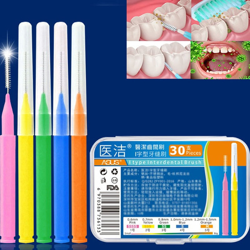 30Pcs/set I Shaped Interdental Brush Denta Floss Interdental Cleaners Orthodontic Dental Teeth Brush Toothpick Oral Care Tool