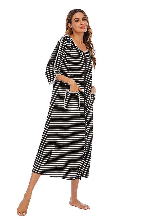 Round Neck Three-Quarter Sleeve Midi Night Dress