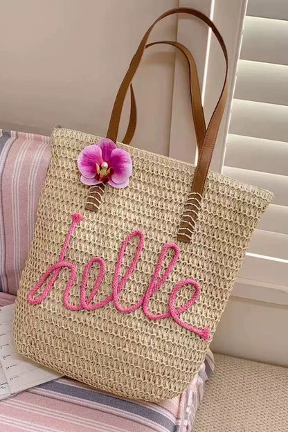 Khaki Hello Boho Handwoven Floral Accent Travel Tote Bag