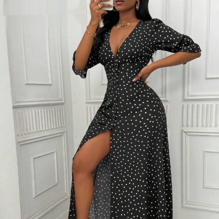 Women's V-neck Half-sleeve Polka Dot Print Dress