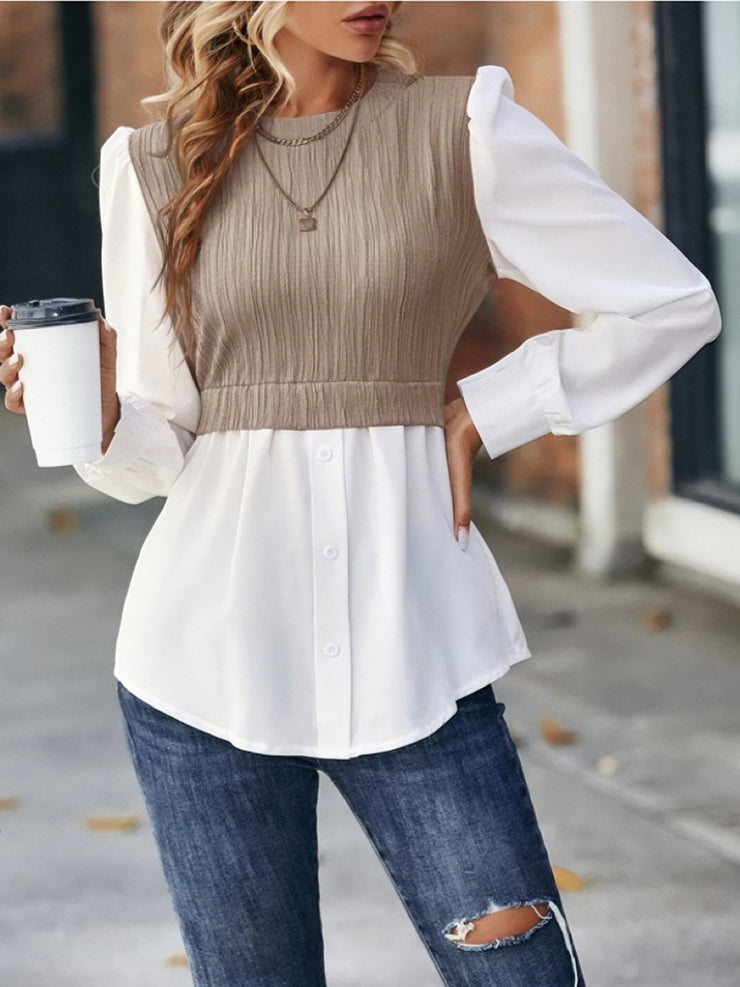 Contrast Round Neck Puff Sleeve Blouse