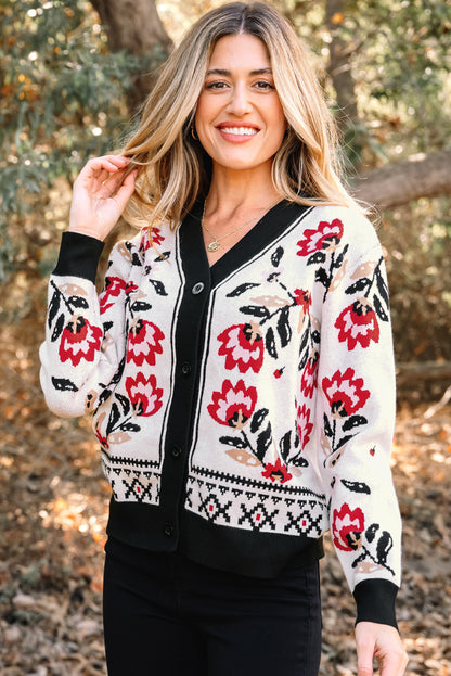 Beige Floral Print Buttoned Front V Neck Knit Cardigan