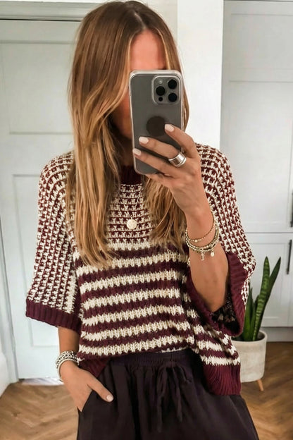 Green Stripe 3/4 Draped Sleeve Slouchy Sweater