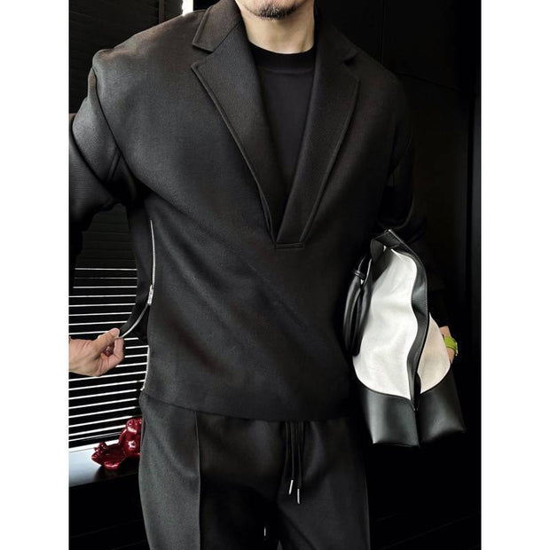 Men's Two-piece Solid Color V-neck Set