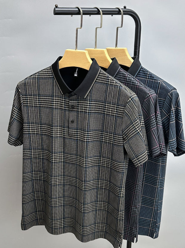 Men Traceless Collar Plaid Half Sleeve Polo Shirt