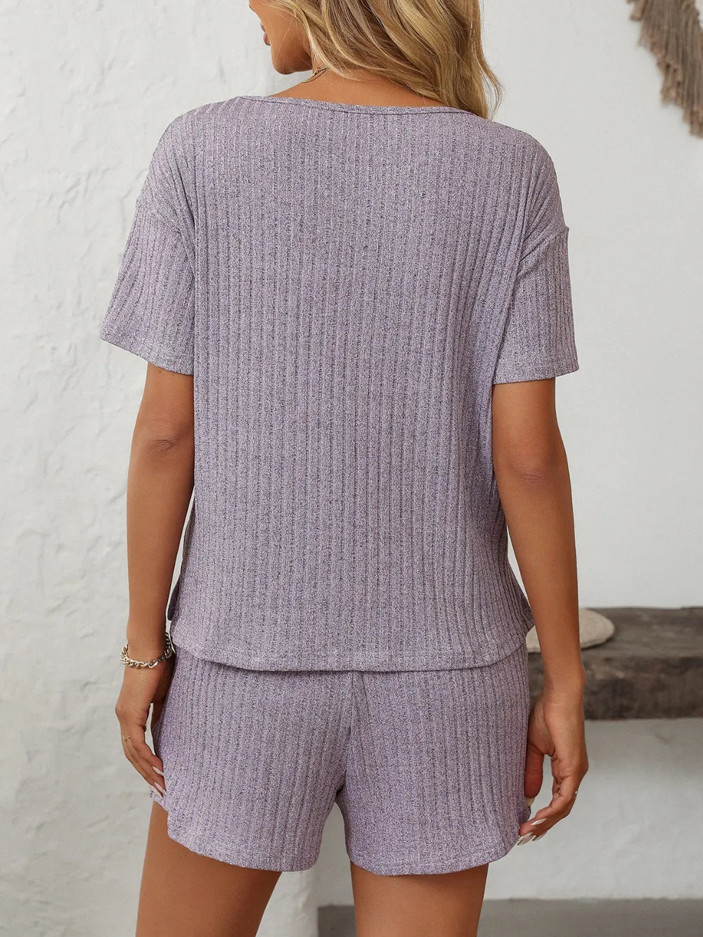 Solid Color Ribbed Short Sleeve Sleepwear Set