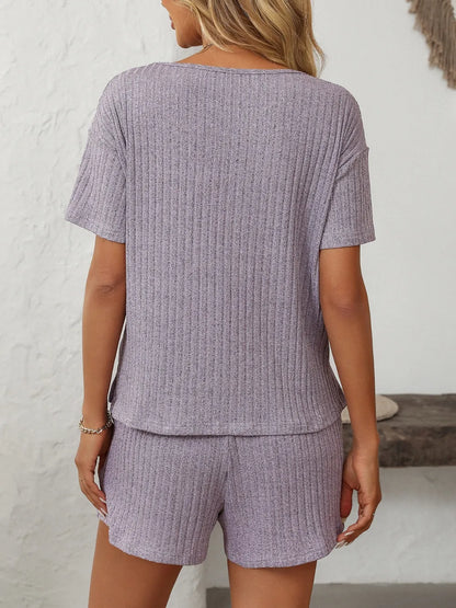 Solid Color Ribbed Short Sleeve Sleepwear Set