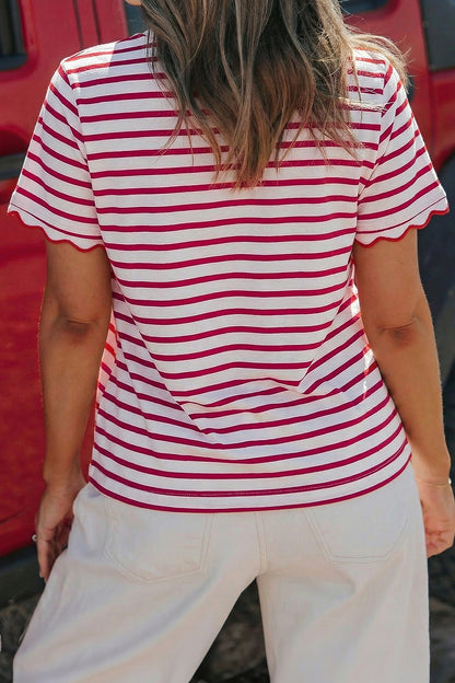 Black Stripe Scalloped Trim Round Neck T Shirt