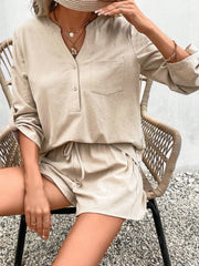 Notched Long Sleeve Top and Shorts Set