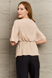 Perfee V-Neck Tie Front Half Sleeve Blouse