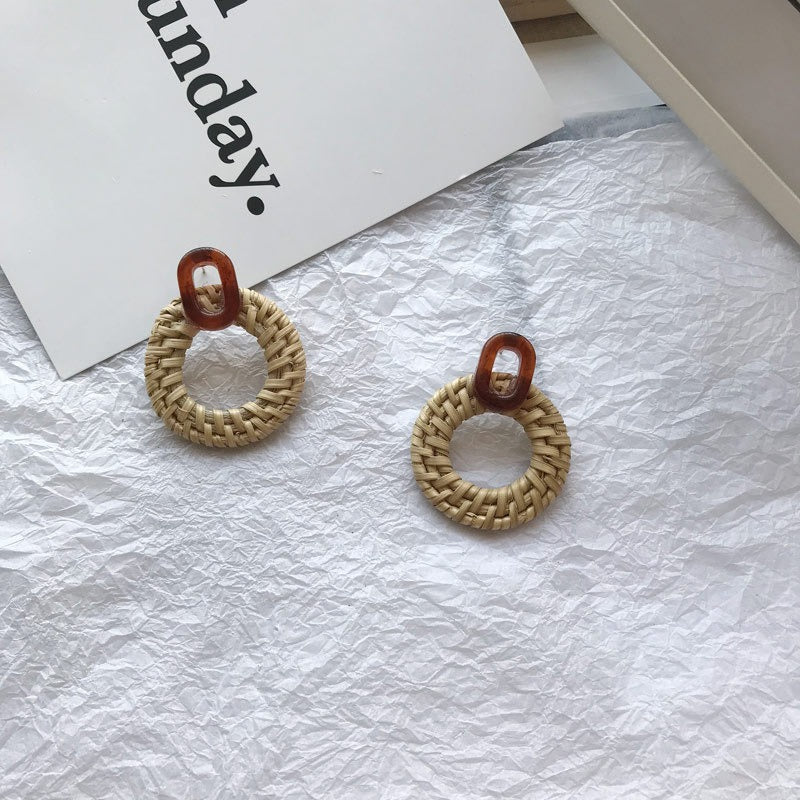 Retro Exaggerated Geometric Rattan Woven Earrings