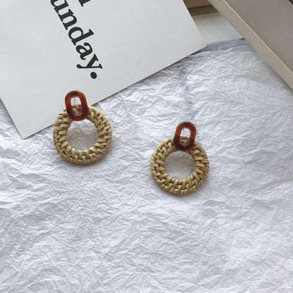 Retro Exaggerated Geometric Rattan Woven Earrings