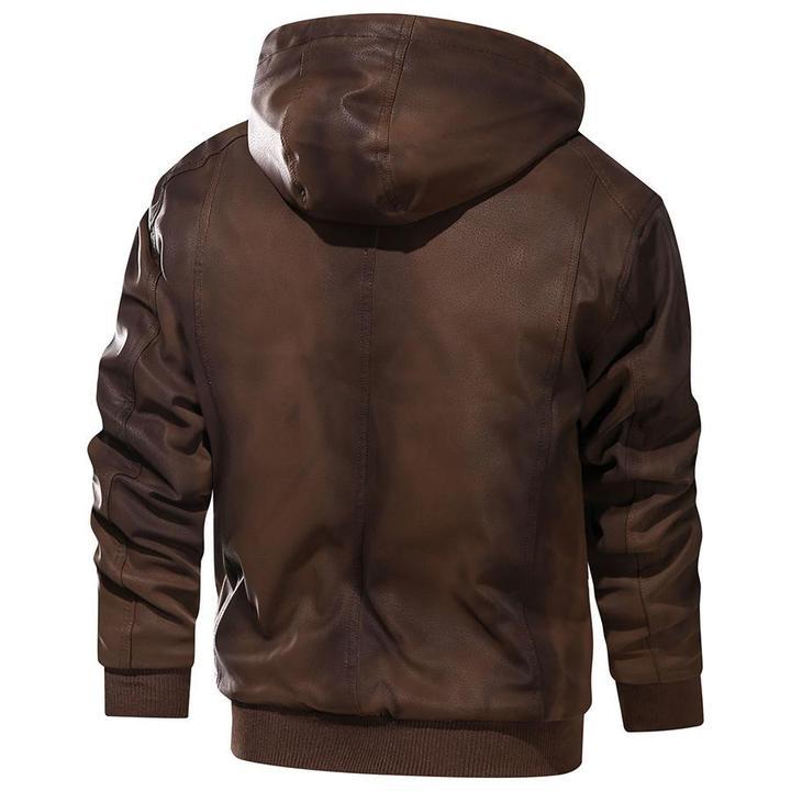 Men's Leather Jacket Men Motorcycle Removable Hood