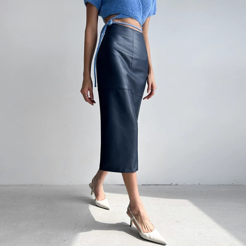 Leather high waist sagging semi skirt