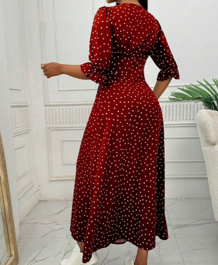 Women's V-neck Half-sleeve Polka Dot Print Dress