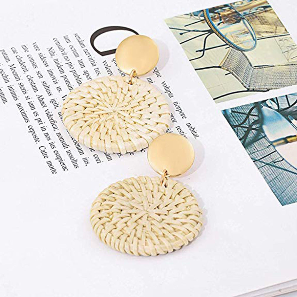 Handmade Wooden Rattan Round Cake-Shaped Earrings