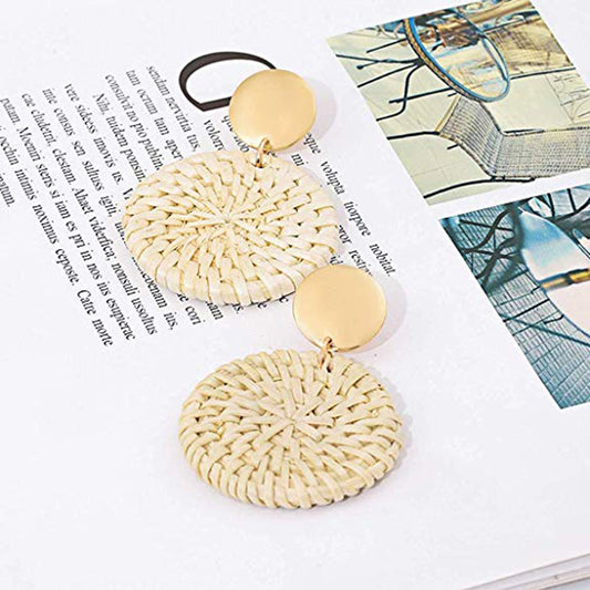 Handmade Wooden Rattan Round Cake-Shaped Earrings