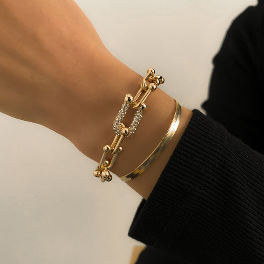 Simple flat snake bone metal bracelet hip-hop personality U-shaped square buckle rhinestone bracelet