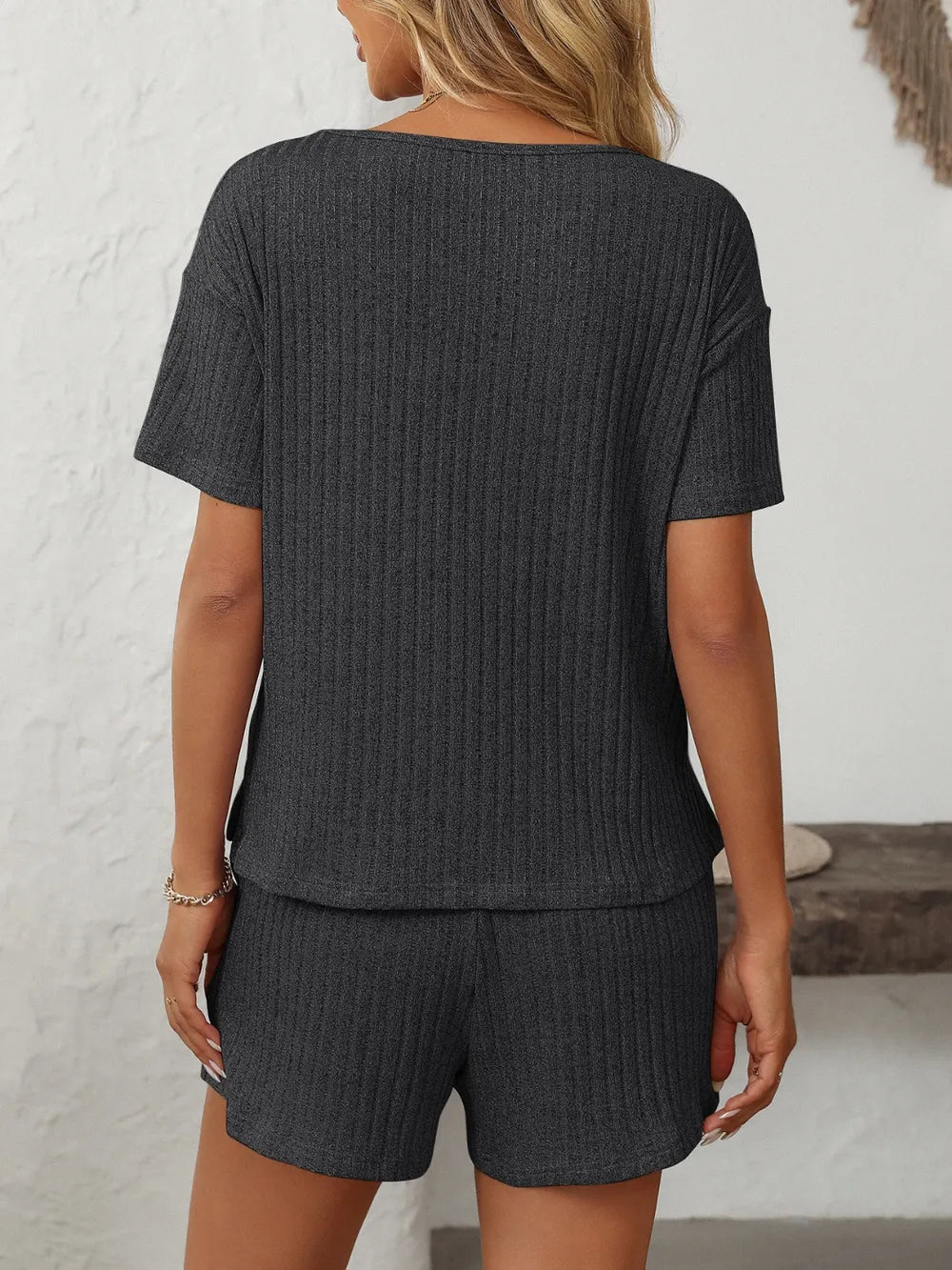 Solid Color Ribbed Short Sleeve Sleepwear Set