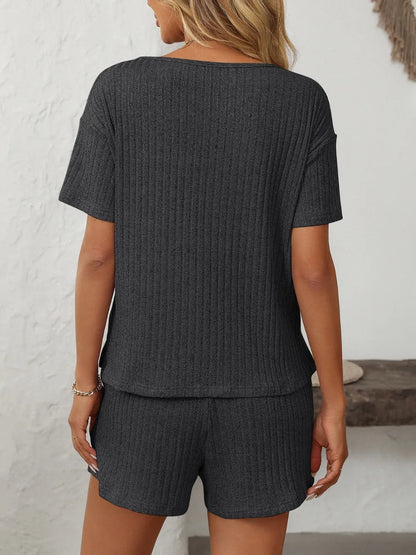 Solid Color Ribbed Short Sleeve Sleepwear Set
