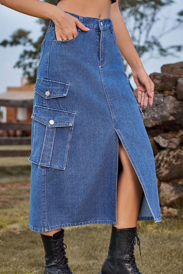 Slit Front Midi Denim Skirt with Pockets