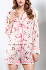 Valentine’s Day Ribbon Tied Printed Long Sleeve Top and Shorts Lounge Set