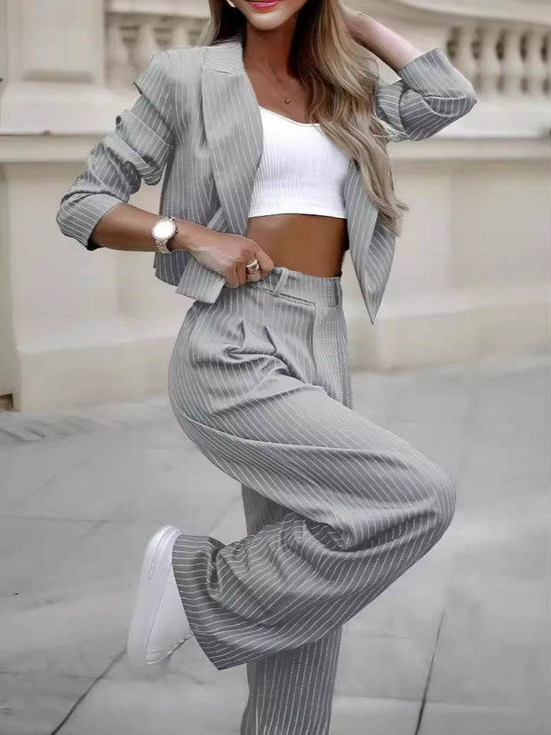 Woman Long Sleeve Cropped Top, Straight Pants Suits